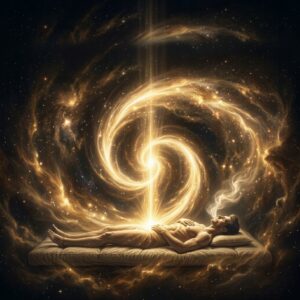 Ilustrace muže ležícího na posteli v hlubokém, meditativním stavu, obklopeného vířící zlatou vesmírnou mlhovinou. Ze středu jeho těla (solární plexus) vychází silný proud zlatého světla, který tvoří spirálu v kosmu, zatímco z jeho úst stoupá světelný dým, což symbolizuje vědomé dýchání a energetické propojení.