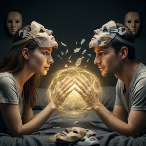 Surrealistická fotografie muže a ženy na futonu, kteří se dívají jeden druhému do očí a spojují ruce nad zářivou zlatou energetickou koulí. Oba mají masky z geometrických tvarů a technických prvků (klíč, převody) posunuté na čela, odhalující jejich pravé tváře. Trosky masek a klíče se vznášejí ve vzduchu.